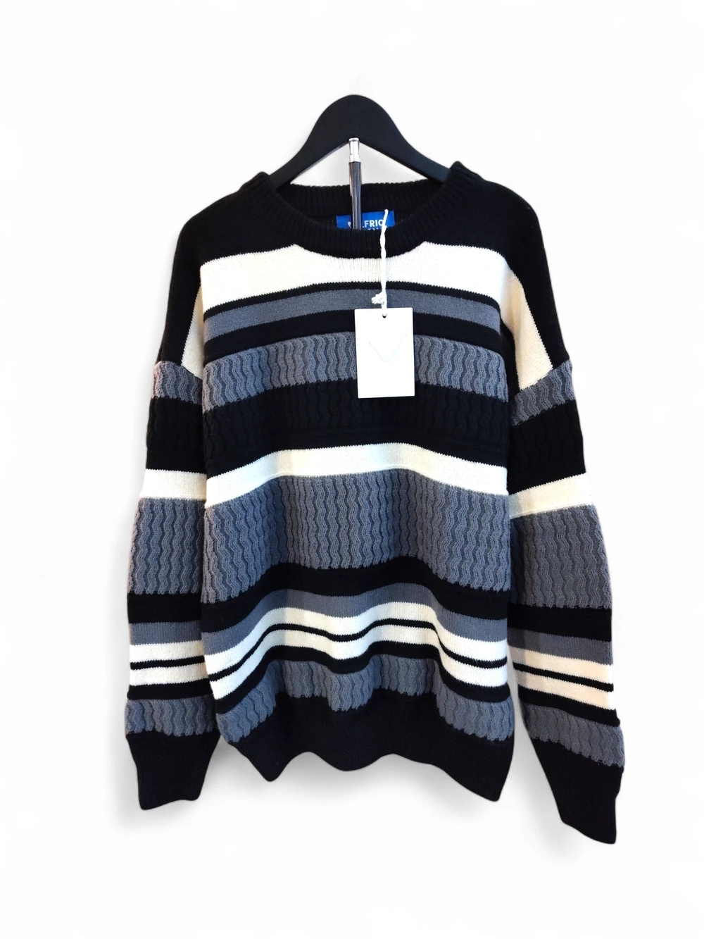 🆕 Aelfric Eden Striped Knit Sweater Mens Crewneck Size XL Black Grey